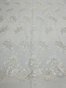 Of White/Silver Floral Lace Fabric, Embroidery on a Mesh Lace Fabric By The Yard For Gown, Wedding-Bridal-Dress