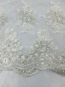 Of White/Silver Floral Lace Fabric, Embroidery on a Mesh Lace Fabric By The Yard For Gown, Wedding-Bridal-Dress