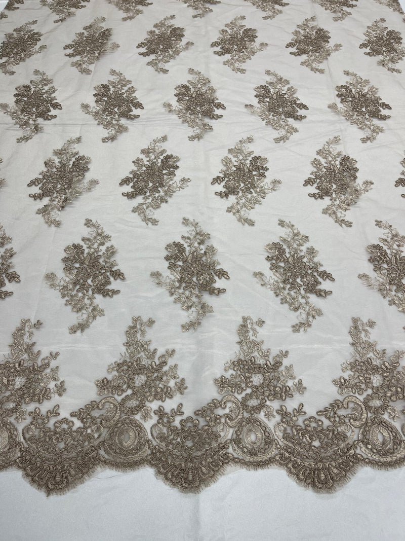 Coffee Floral Lace Fabric, Embroidery on a Mesh Lace Fabric By The Yard For Gown, Wedding-Bridal-Dress