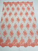 Coral Floral Lace Fabric, Embroidery on a Mesh Lace Fabric By The Yard For Gown, Wedding-Bridal-Dress