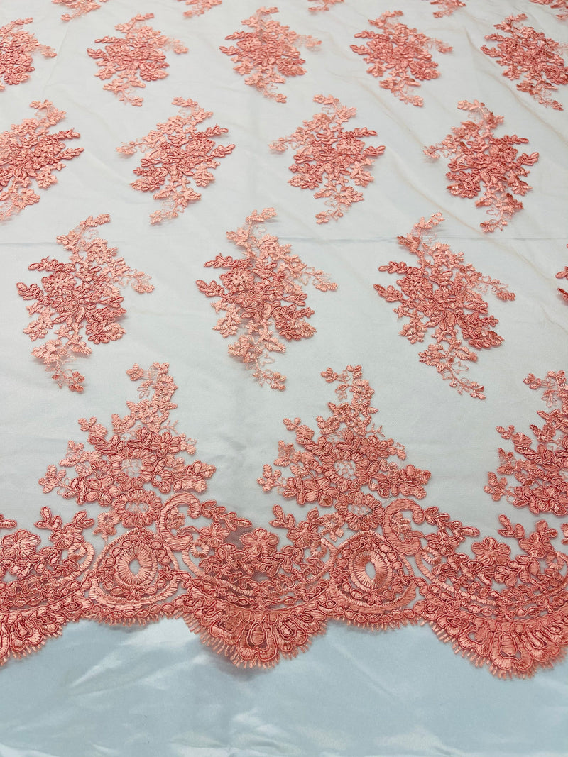 Coral Floral Lace Fabric, Embroidery on a Mesh Lace Fabric By The Yard For Gown, Wedding-Bridal-Dress