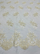 Ivory/Gold Metallic Floral Lace Fabric, Embroidery on a Mesh Lace Fabric By The Yard For Gown, Wedding-Bridal-Dress