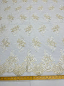 Ivory/Gold Metallic Floral Lace Fabric, Embroidery on a Mesh Lace Fabric By The Yard For Gown, Wedding-Bridal-Dress
