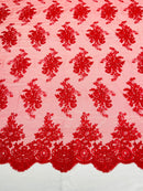Red Floral Lace Fabric, Embroidery on a Mesh Lace Fabric By The Yard For Gown, Wedding-Bridal-Dress