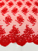 Red Floral Lace Fabric, Embroidery on a Mesh Lace Fabric By The Yard For Gown, Wedding-Bridal-Dress