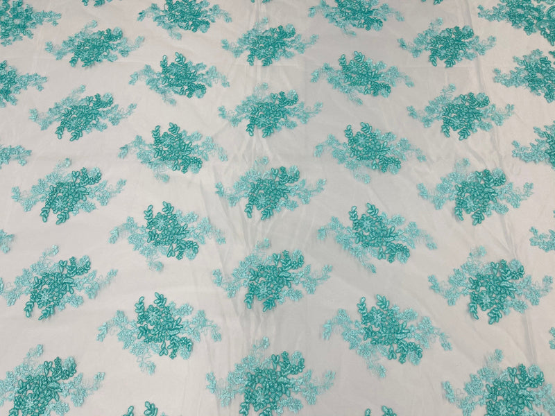 Aqua Floral Lace Fabric, Embroidery on a Mesh Lace Fabric By The Yard For Gown, Wedding-Bridal-Dress