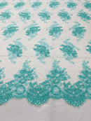 Aqua Floral Lace Fabric, Embroidery on a Mesh Lace Fabric By The Yard For Gown, Wedding-Bridal-Dress
