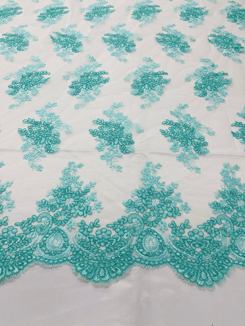 Aqua Floral Lace Fabric, Embroidery on a Mesh Lace Fabric By The Yard For Gown, Wedding-Bridal-Dress