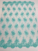 Aqua Floral Lace Fabric, Embroidery on a Mesh Lace Fabric By The Yard For Gown, Wedding-Bridal-Dress