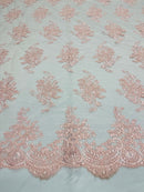 Pink Floral Lace Fabric, Embroidery on a Mesh Lace Fabric By The Yard For Gown, Wedding-Bridal-Dress