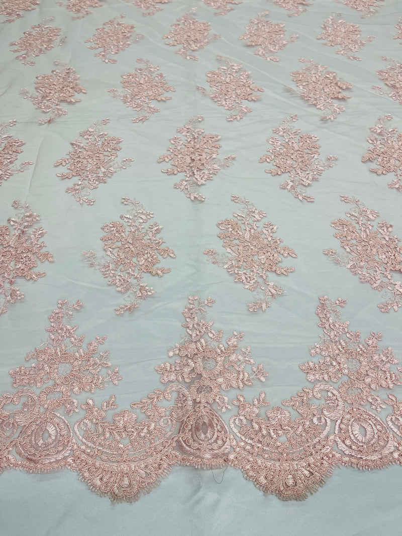Pink Floral Lace Fabric, Embroidery on a Mesh Lace Fabric By The Yard For Gown, Wedding-Bridal-Dress