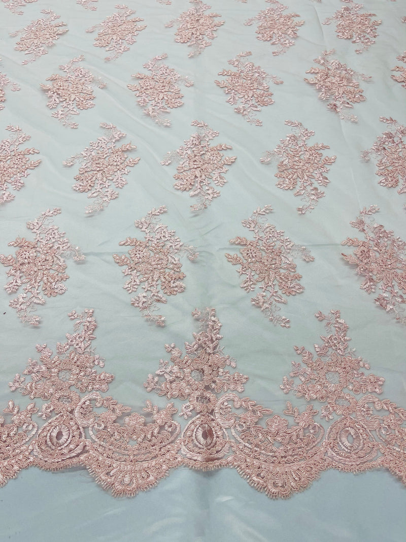 Pink Floral Lace Fabric, Embroidery on a Mesh Lace Fabric By The Yard For Gown, Wedding-Bridal-Dress