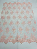 Pink Floral Lace Fabric, Embroidery on a Mesh Lace Fabric By The Yard For Gown, Wedding-Bridal-Dress