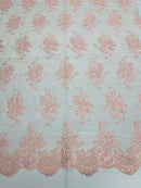 Pink Floral Lace Fabric, Embroidery on a Mesh Lace Fabric By The Yard For Gown, Wedding-Bridal-Dress