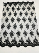 Black Floral Lace Fabric, Embroidery on a Mesh Lace Fabric By The Yard For Gown, Wedding-Bridal-Dress