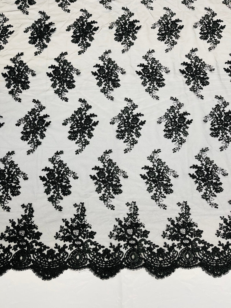 Black Floral Lace Fabric, Embroidery on a Mesh Lace Fabric By The Yard For Gown, Wedding-Bridal-Dress
