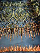 Iridescent Orange Sequin Fabrics, Aztec Design 4Way Stretch Embroidery With Sequin on a Mesh-Prom-Gown By The Yard