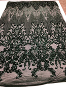 Fancy Damask Line Sequin - Hunter Green - 4 Way Stretch Sequins Damask Design Fabric Yard