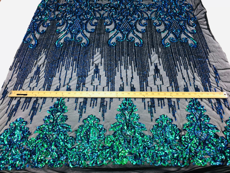 Fancy Damask Line Sequin - Iridescent Green - 4 Way Stretch Sequins Damask Design Fabric Yard
