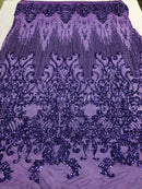Fancy Damask Line Sequin - Lilac - 4 Way Stretch Sequins Damask Design Fabric Yard