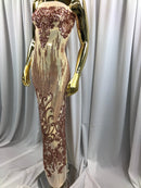 Fancy Damask Line Sequin - Rose Gold - 4 Way Stretch Sequins Damask Design Fabric Yard