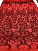Fancy Damask Line Sequin - Red - 4 Way Stretch Sequins Damask Design Fabric Yard