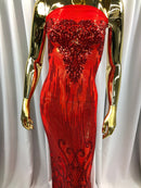 Fancy Damask Line Sequin - Red - 4 Way Stretch Sequins Damask Design Fabric Yard