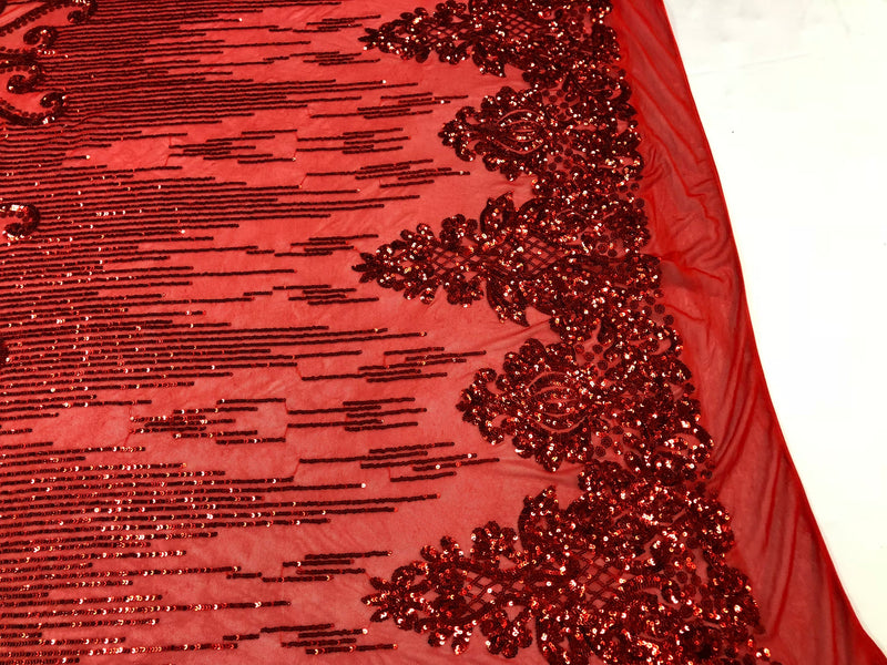 Fancy Damask Line Sequin - Red - 4 Way Stretch Sequins Damask Design Fabric Yard