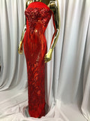 Fancy Damask Line Sequin - Red - 4 Way Stretch Sequins Damask Design Fabric Yard