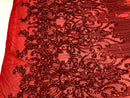 Fancy Damask Line Sequin - Red - 4 Way Stretch Sequins Damask Design Fabric Yard