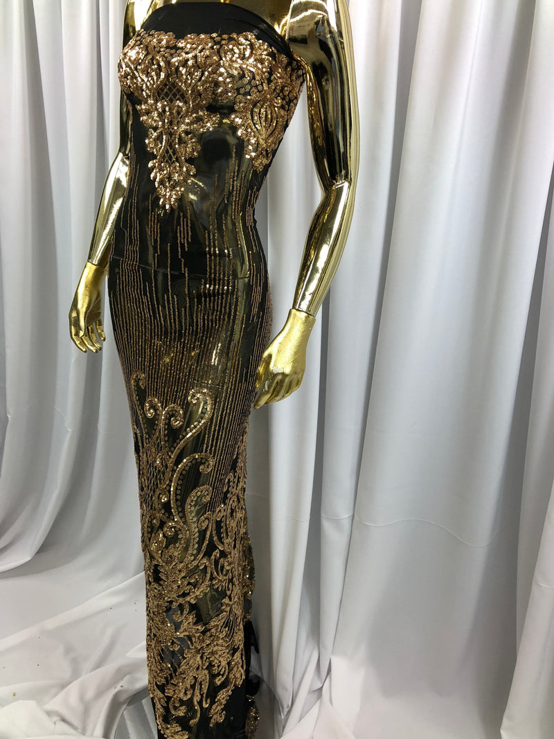 Fancy Damask Line Sequin - Gold - 4 Way Stretch Sequins Damask Design Fabric Yard