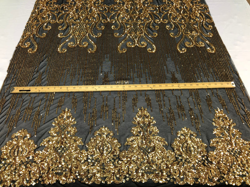 Fancy Damask Line Sequin - Gold - 4 Way Stretch Sequins Damask Design Fabric Yard