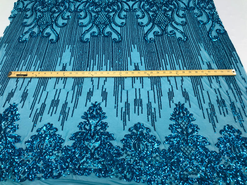Fancy Damask Line Sequin - Turquoise - 4 Way Stretch Sequins Damask Design Fabric Yard