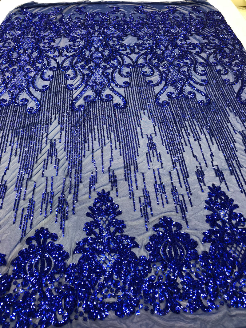 Fancy Damask Line Sequin - Royal Blue - 4 Way Stretch Sequins Damask Design Fabric Yard
