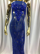 Fancy Damask Line Sequin - Royal Blue - 4 Way Stretch Sequins Damask Design Fabric Yard