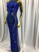 Fancy Damask Line Sequin - Royal Blue - 4 Way Stretch Sequins Damask Design Fabric Yard