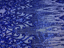 Fancy Damask Line Sequin - Royal Blue - 4 Way Stretch Sequins Damask Design Fabric Yard