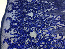 Fancy Damask Line Sequin - Royal Blue - 4 Way Stretch Sequins Damask Design Fabric Yard