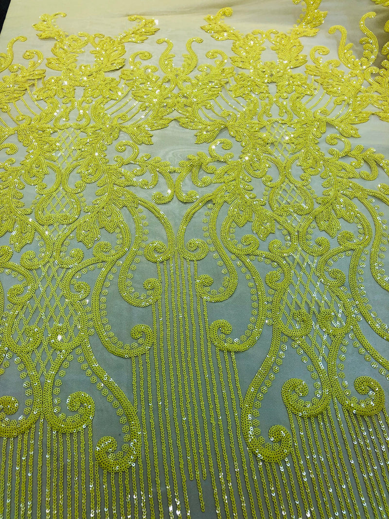 Fancy Damask Line Sequin - Yellow - 4 Way Stretch Sequins Damask Design Fabric Yard