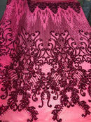 Fancy Damask Line Sequin - Fucshia - 4 Way Stretch Sequins Damask Design Fabric Yard