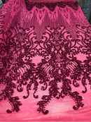 Fancy Damask Line Sequin - Fucshia - 4 Way Stretch Sequins Damask Design Fabric Yard