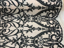 Two Tone Black/Cream Sequins Lace Fabric On Mesh Damask Design Embroidered On 4way Stretch Sequin By The Yard -Prom-Gown ( Choose The Size )