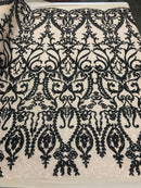 Two Tone Black/Cream Sequins Lace Fabric On Mesh Damask Design Embroidered On 4way Stretch Sequin By The Yard -Prom-Gown ( Choose The Size )