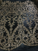 Two Tone Black/Gold Sequins Lace Fabric On Mesh Damask Design Embroidered On 4way Stretch Sequin By The Yard -Prom-Gown ( Choose The Size )