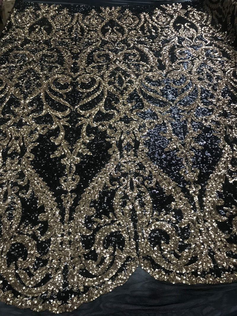 Tow Tone Black/Gold Sequins Lace Fabric On Mesh Damask Design Embroidered On 4way Stretch Sequin By The Yard -Prom-Gown ( Choose The Size )