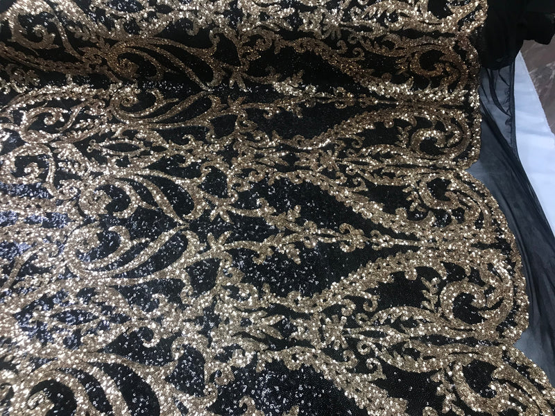 Two Tone Black/Gold Sequins Lace Fabric On Mesh Damask Design Embroidered On 4way Stretch Sequin By The Yard -Prom-Gown ( Choose The Size )
