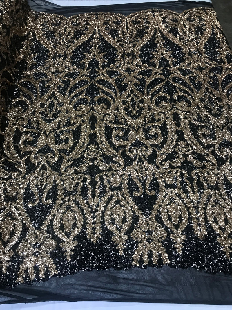 Two Tone Black/Gold Sequins Lace Fabric On Mesh Damask Design Embroidered On 4way Stretch Sequin By The Yard -Prom-Gown ( Choose The Size )