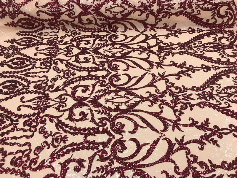 Two Tone Red Sequins Lace Fabric On Mesh Damask Design Embroidered On 4way Stretch Sequin By The Yard -Prom-Gown ( Choose The Size )