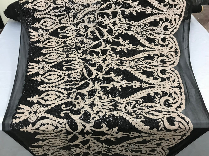 Two Tone Cream Sequins Lace Fabric On Mesh Damask Design Embroidered On 4way Stretch Sequin By The Yard -Prom-Gown ( Choose The Size )