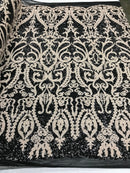 Two Tone Cream Sequins Lace Fabric On Mesh Damask Design Embroidered On 4way Stretch Sequin By The Yard -Prom-Gown ( Choose The Size )